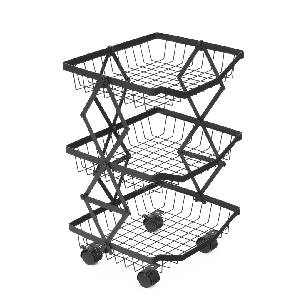 Carrito plegable de 3 niveles, carrito de almacenamiento de cocina sin  montaje, con ruedas, carrito organizador plegable de metal con taza  colgante y