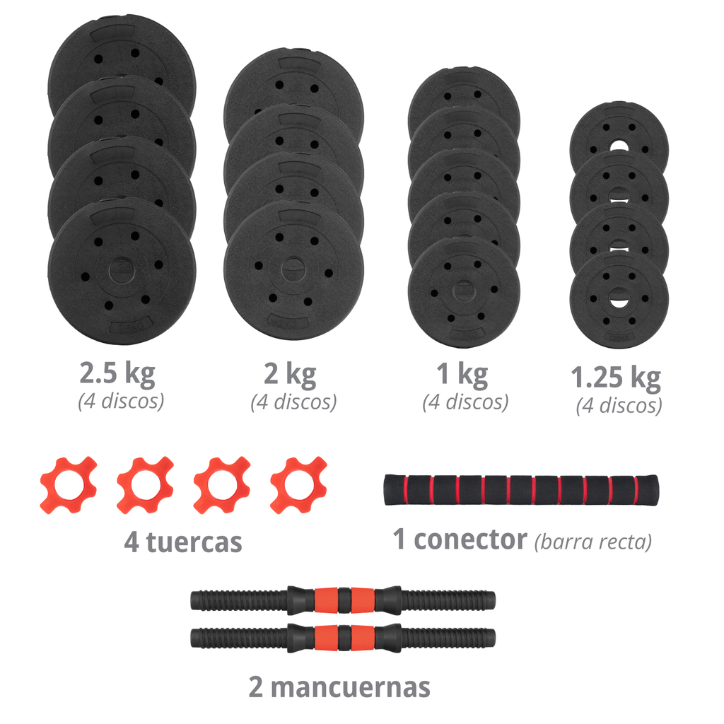 Juego De Mancuernas 2 En 1 Con Barra Ajustable - De 30kg En Total -  Negro/Rojo