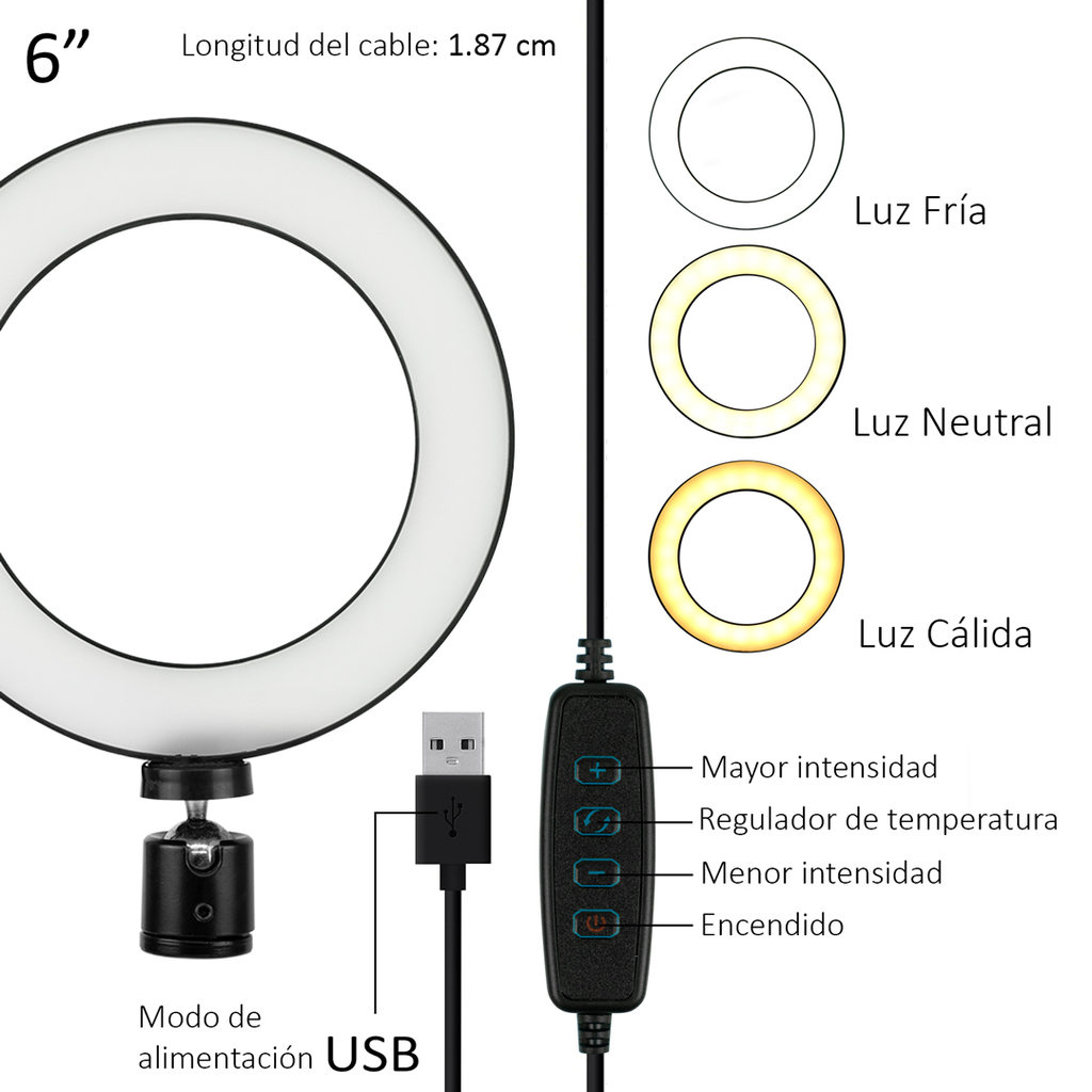 ARO DE LUZ LED 16CM – 6 PULGADAS CON TRIPODE SELFIE RING LED