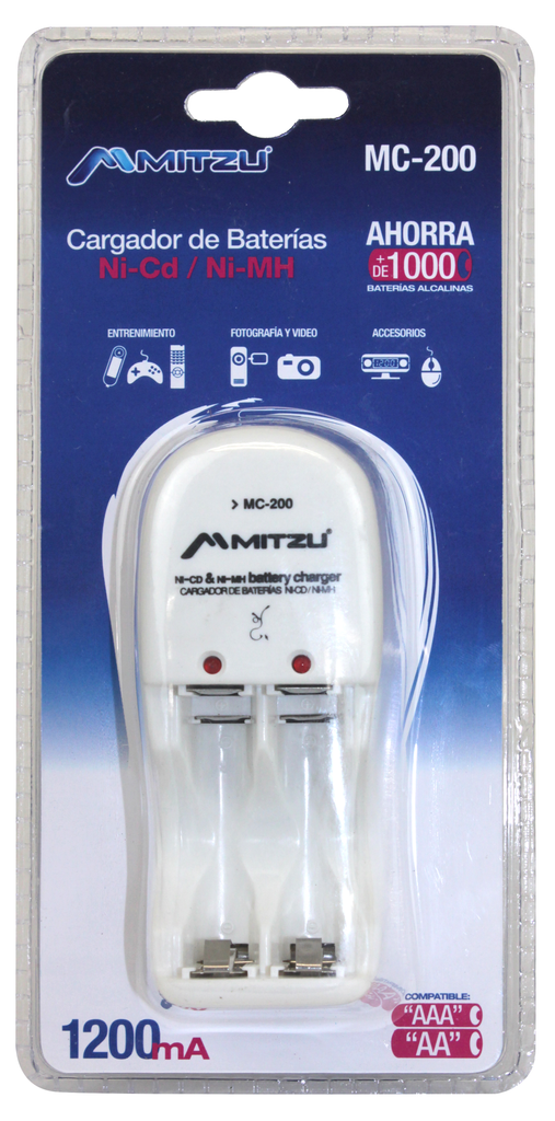 Mitzu® Cargador de pilas AA y AAA, con cable USB, incluye 2 pilas