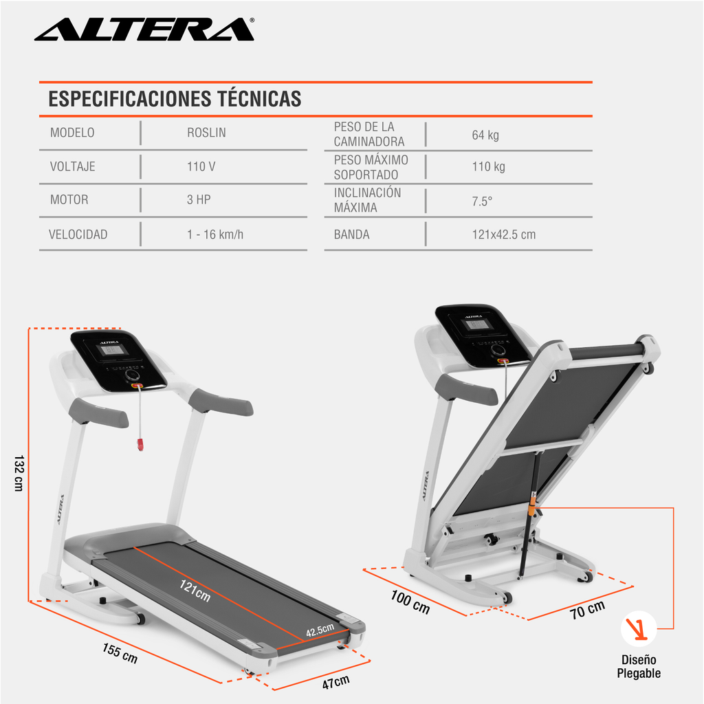 Caminadora Electrica Altera Con Inclinacion Fitness Plegable