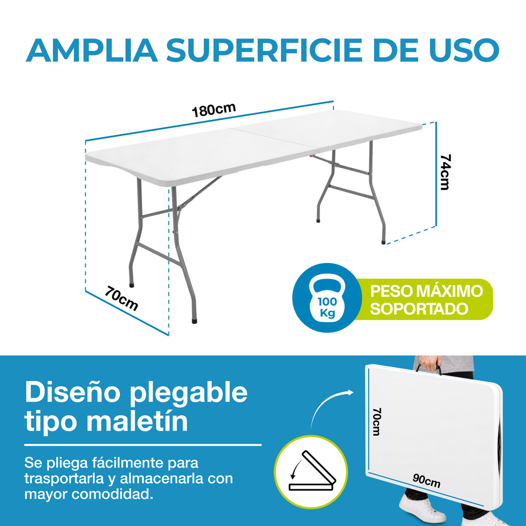 Mesa Plegable Tipo Portafolio 1.80m Alta Resistencia 100kg