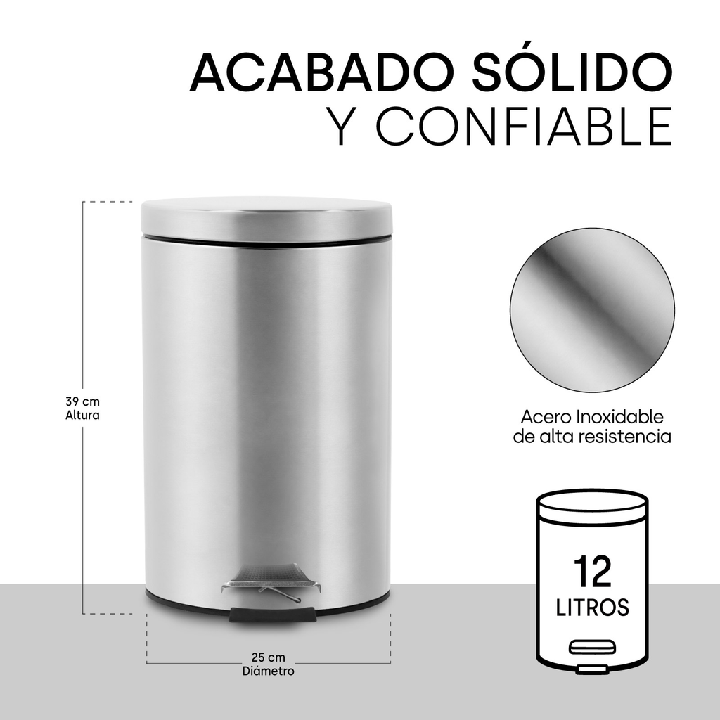 Bote De Basura De 12 Litros Con Tapa Pedal Acero Inoxidable