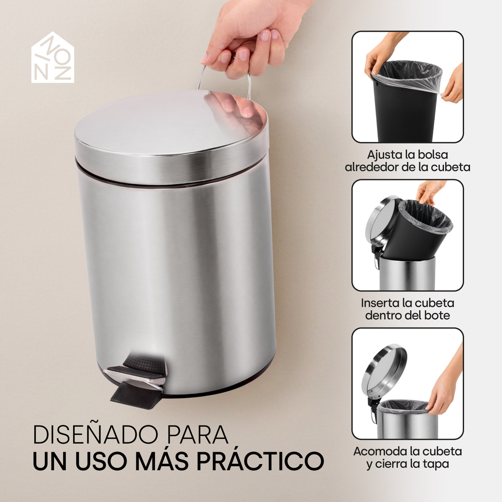 Bote De Basura Metalico 5l Acero Inoxidable Con Pedal Ninon