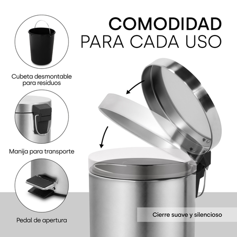 Bote De Basura Metalico 5l Acero Inoxidable Con Pedal Ninon