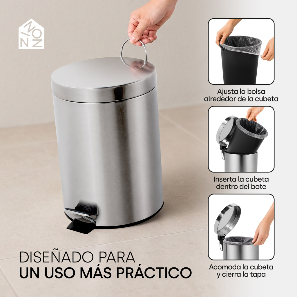 Bote Basura Acero Inoxidable 7l Ninon Resistente Baño Cocina