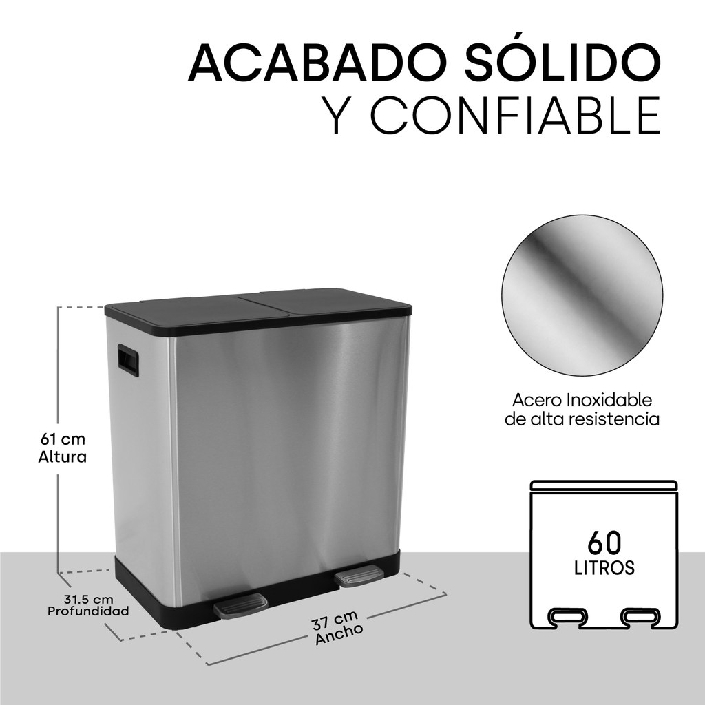 Bote De Basura Grande Con Tapa 30l + 30l Acero Inoxidable
