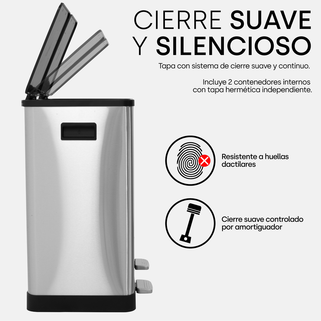 Bote De Basura Grande Con Tapa 30l + 30l Acero Inoxidable