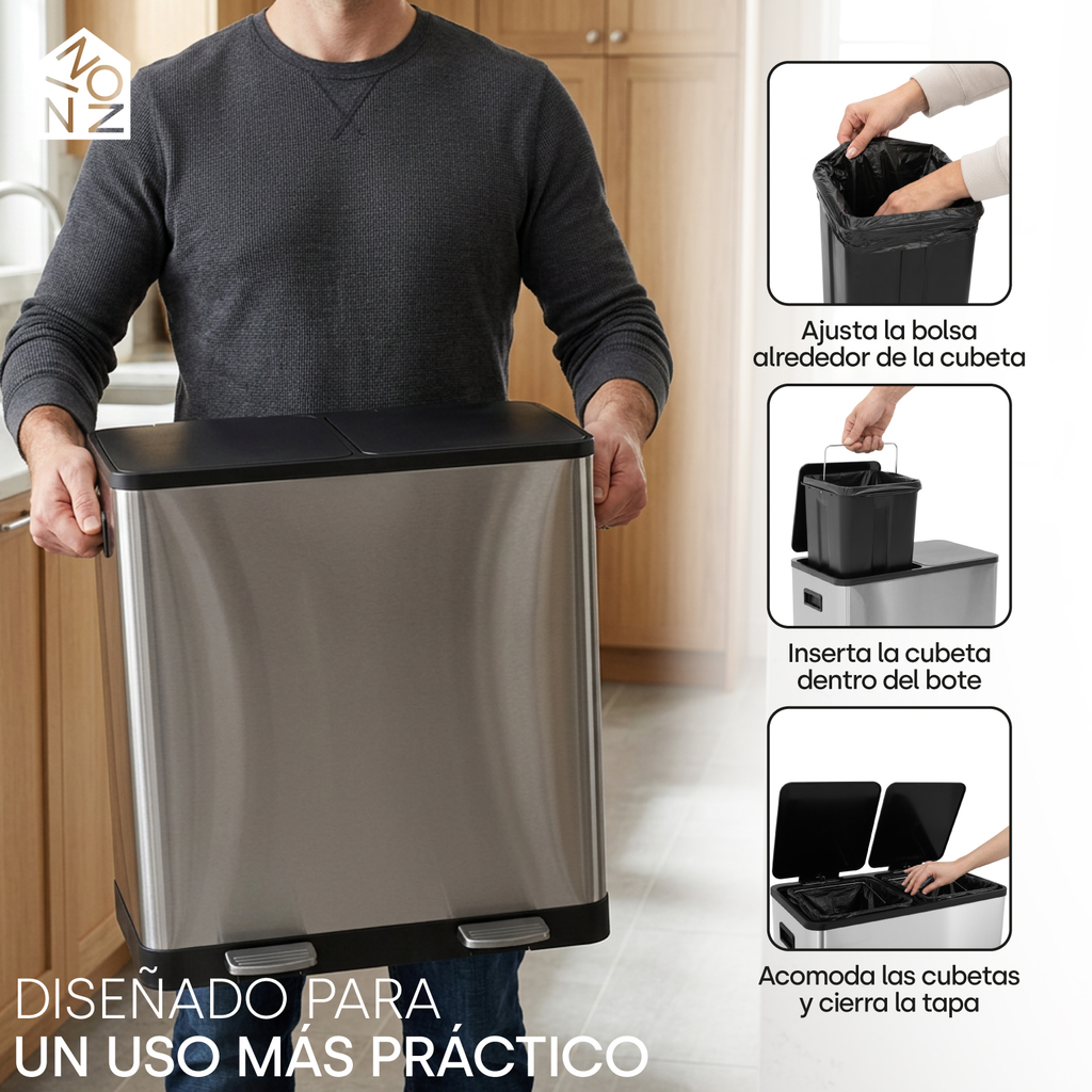 Bote De Basura Grande Con Tapa 30l + 30l Acero Inoxidable