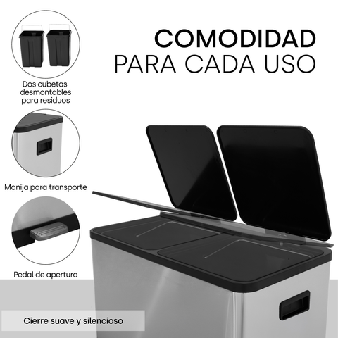 Bote De Basura Grande Con Tapa 30l + 30l Acero Inoxidable