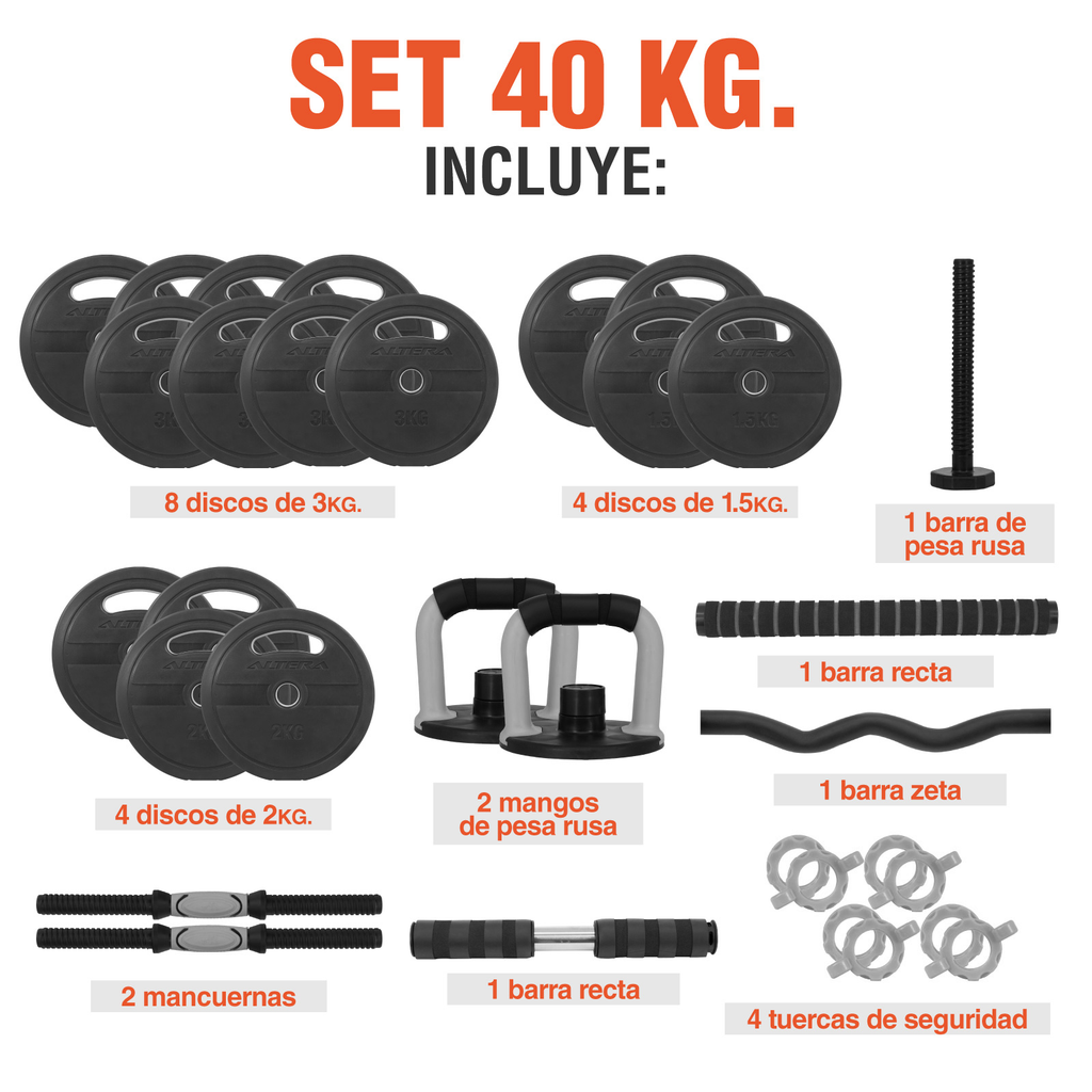 Set De Mancuernas Altera 40 Kg Pesas Kit Ejercicio Barra Z