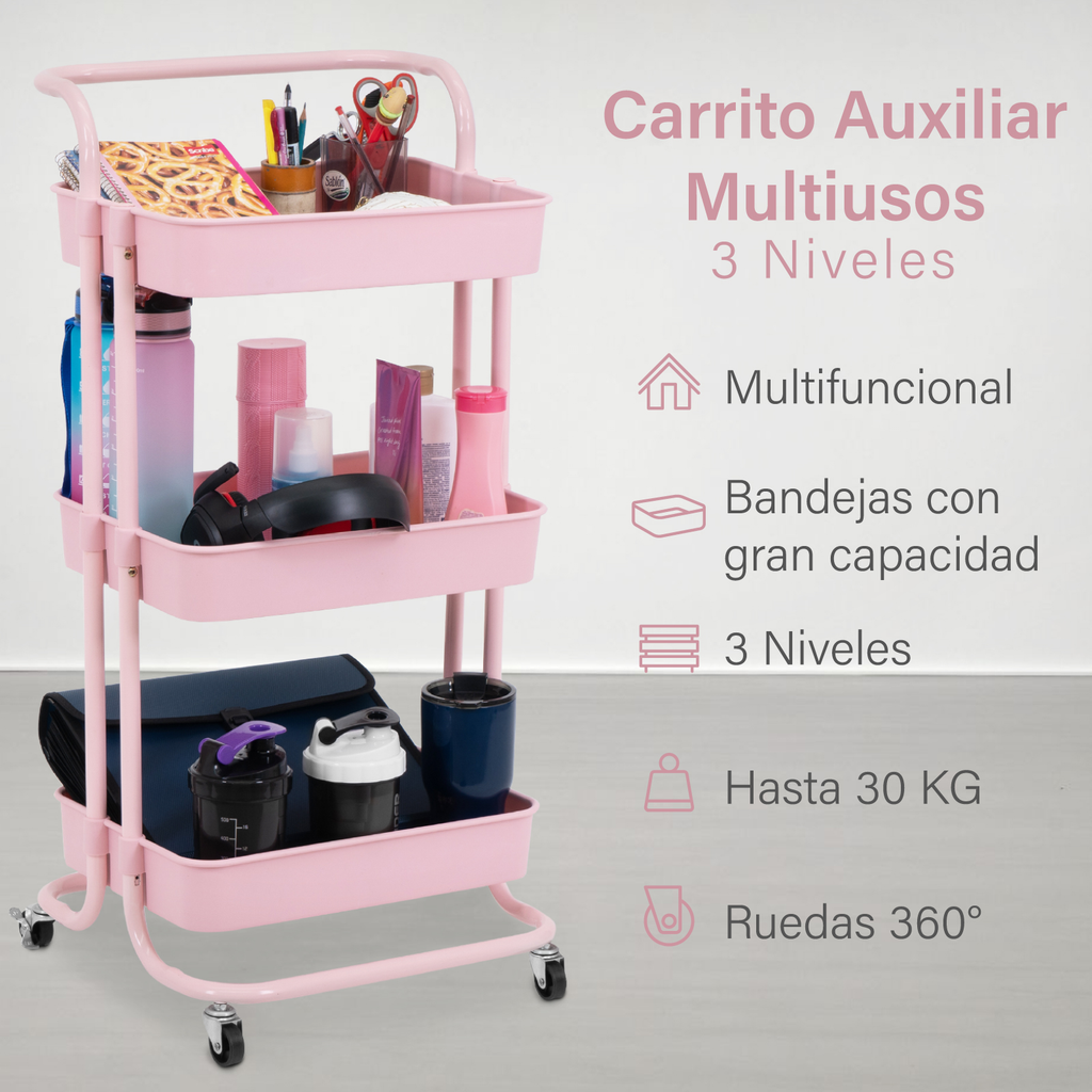 Carrito Auxiliar Organizador Multi-usos 3 Niveles Ruedas 360 Color Rosa