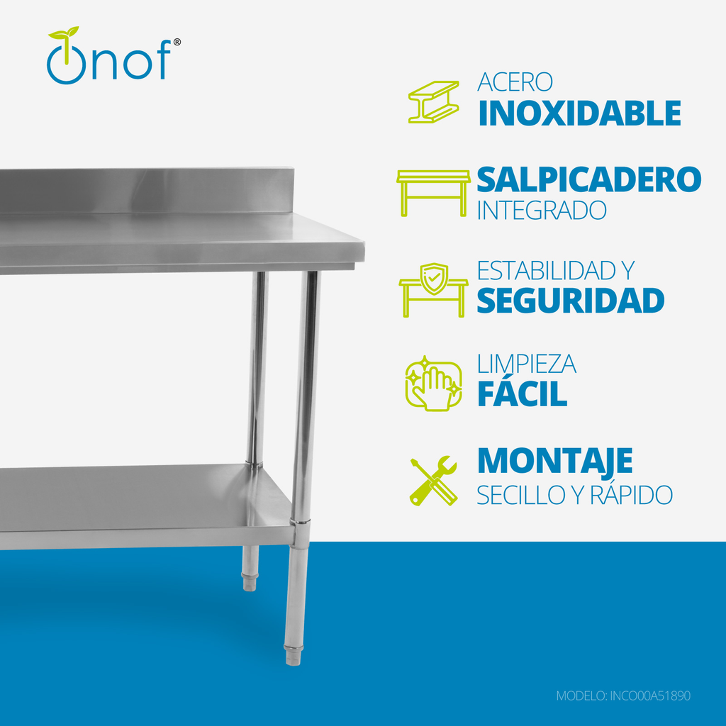 Mesa A Pared De Trabajo Onof 95x150x60 Acero Inoxidable 100%