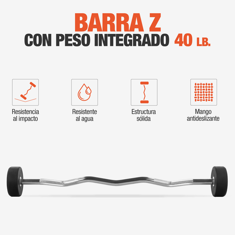 Barra Z Peso Fijo 40 Lb Integrado Acero Gimnasio Crossfit