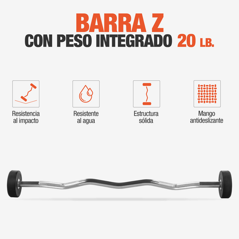 Barra Z Peso Fijo 20 Lb Integrado Acero Gimnasio Crossfit