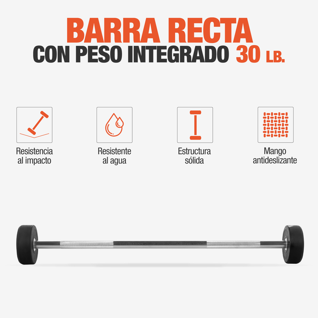 Barra Recta Peso Integrado Gym Crossfit 30 Lbs Fijo