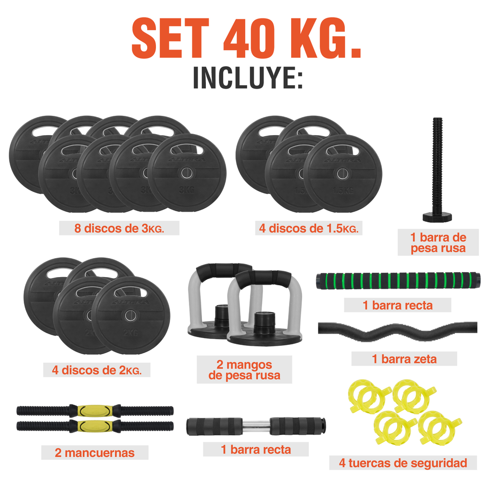 Set De Mancuernas Altera 40 Kg Pesas Kit Ejercicio Barra Z