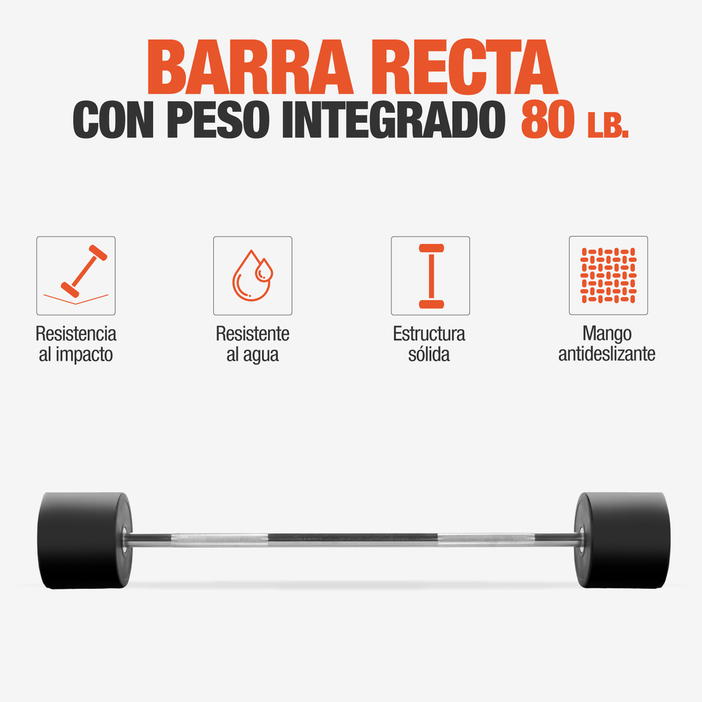 Barra Recta Peso Integrado Fijo 80lb Gym Crossfit Altera