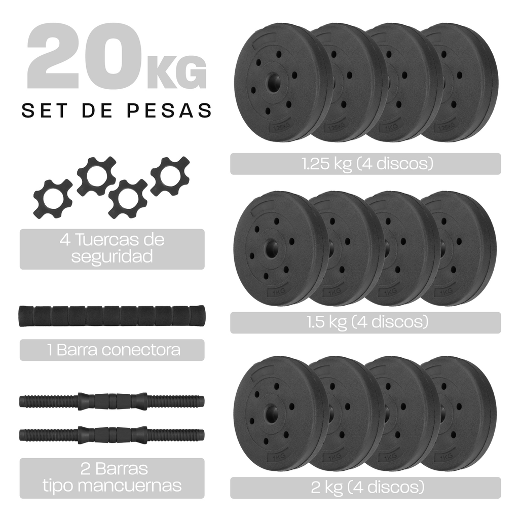 Set Mancuernas Altera Barra Ajustable 20kg Total Pesas Disco