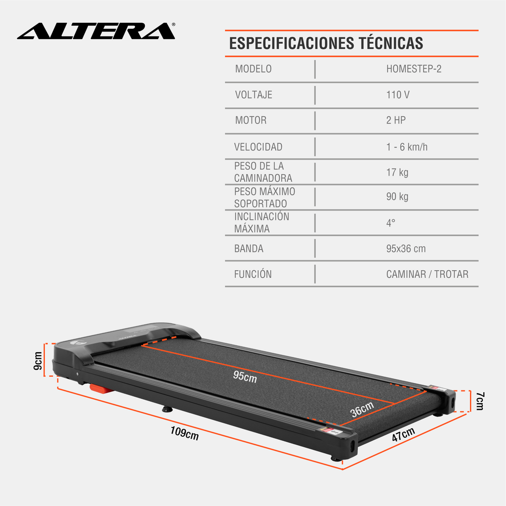 Altera HOMESTEP-2 Caminadora tipo cinta eléctrica motor 1.5 HP Negro
