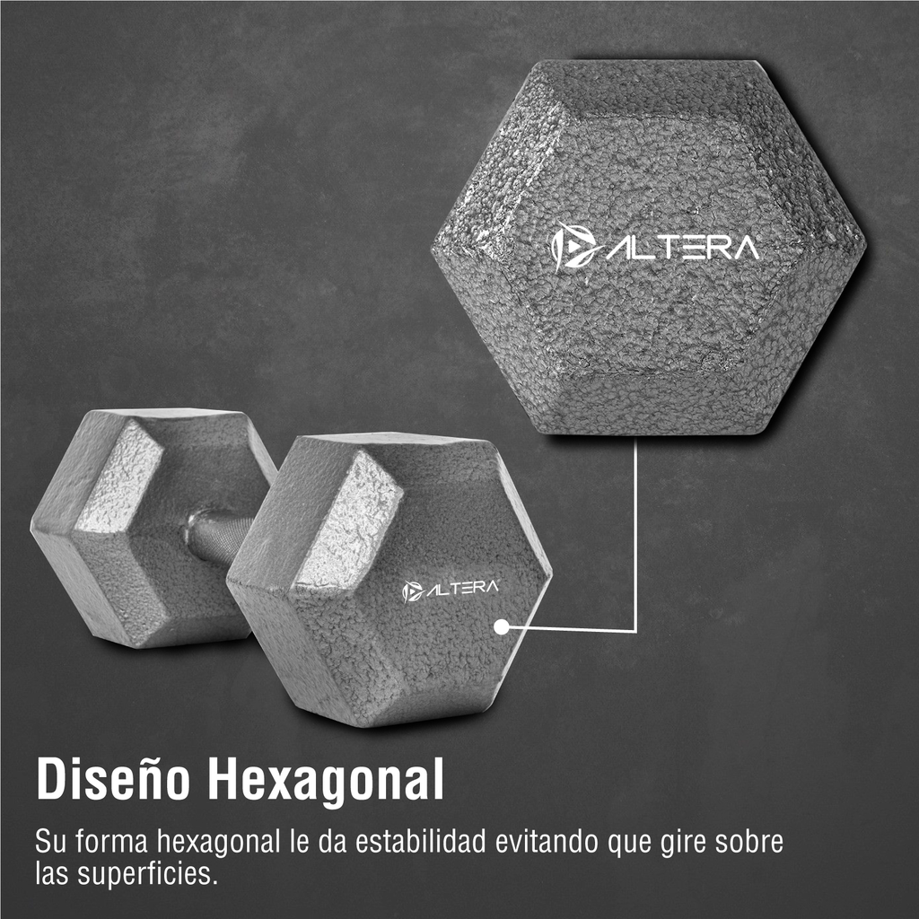 Par De Altera Hxs 40 Lb Mancuerna Hexagonal Sin Forro Plateado 40 Lbs