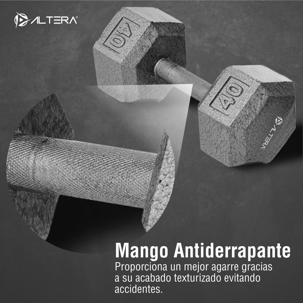 Par De Altera Hxs 40 Lb Mancuerna Hexagonal Sin Forro Plateado 40 Lbs