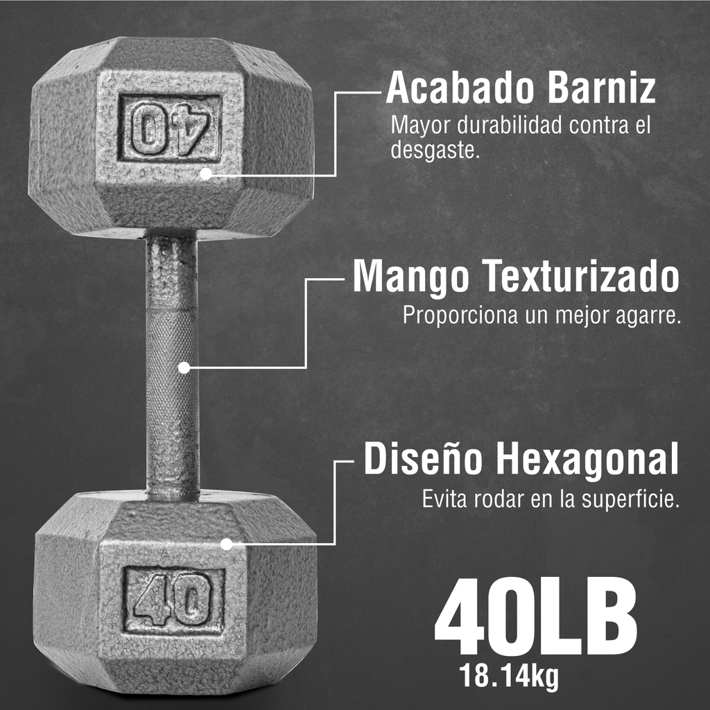 Par De Altera Hxs 40 Lb Mancuerna Hexagonal Sin Forro Plateado 40 Lbs