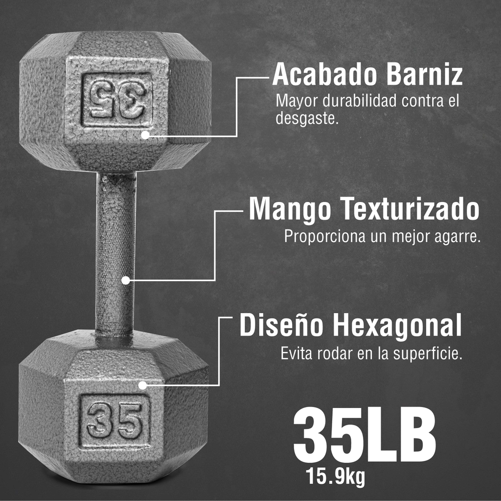 Mancuerna Hexagonal de Metal Fitness Gimnasio 35Lb 16kg 1pz